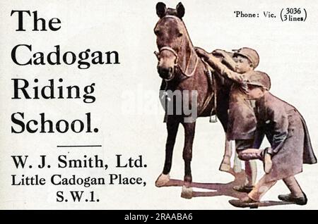 Publicité pour l'école d'équitation de Cadogan à Little Cadogan place, SW1 ans, une école d'équitation pour les enfants de la société. Date: 1928 Banque D'Images