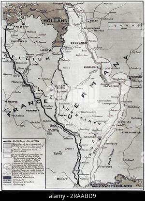 Une carte illustrant l'armistice à la fin de la première Guerre mondiale. La ligne noire montre la ligne de bataille le jour de l'armistice, 11th novembre 1918. La Belgique, la France, le Luxembourg et l'Alsace-Lorraine doivent être évacués par l'Allemagne. La rive gauche (ouest) du Rhin doit être évacuée et sera sous le contrôle des armées d'occupation des alliés et des États-Unis. Une zone neutre doit être créée sur la rive droite (est) du Rhin. Date: Nov-18 Banque D'Images