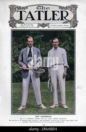 Photo de la couverture de Tatler du joueur de tennis de Nouvelle-Zélande, Anthony Frederick Wilding, Wimbledon Mens Champion en 1910, 1911, 1912 et 1913. Sa course de championnat s'est terminée en 1914 quand il a été battu par l'australien N. E. Brookes en trois séries droites. Wilding meurt près de Neuve Chapelle, en France, le 9 mai 1915, alors qu'il se battait à la bataille de la crête d'Aubers. Photo prise avec M. Basil Foster lors d'un tournoi de tennis privé au Sussex Lodge à Regent's Park, la maison de Mme Hall-Walker. Le tournoi a associé beaucoup de gens de société bien connus avec doughty champions de la raquette! Banque D'Images