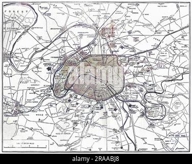 Carte montrant les fortifications de Paris pendant la guerre franco-prussienne. Date: 1870 Banque D'Images