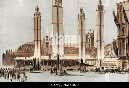 Les stands et les décorations mis en place près de l'abbaye de Westminster pour le couronnement du roi George VI rappelant le style des tournois médiévaux. Date: 1937 Banque D'Images