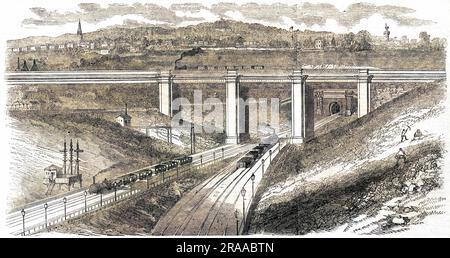 Le viaduc de la Camden Town qui traverse la ligne de chemin de fer de Direct York, vu du pont à l'extrémité supérieure de Maiden Lane, Londres en 1851. Les champs de Copenhague sont visibles à l'horizon. Date: 1851 Banque D'Images