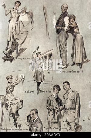 Une page de croquis du travail de 'l'homme que les hommes veulent des femmes,' un commentaire humoristique (et légèrement chauviniste) sur les emplois traditionnellement masculins pris par les femmes pendant la première Guerre mondiale. Date: 1916 Banque D'Images