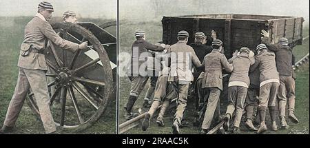 Eton College les garçons aidant à décharger des magasins de guerre à Didcot Junction, abandonner leur sport habituel pour aider. À gauche se trouve le prince Henry, futur duc de Gloucester, troisième fils du roi George V et de la reine Mary. Date: 1915 Banque D'Images