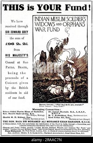 Publicité pour le Fonds de guerre des veuves et des orphelins du soldat musulman indien, qui a permis de recueillir de l'argent pour aider et aider les familles des soldats indiens tombés lors de la première Guerre mondiale. Date: 1916 Banque D'Images