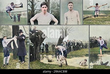 Sports à Eton College en 1916. Dans les photos du bas à gauche et du bas au milieu se trouve le prince Henry (plus tard duc de Gloucester), en montant hors du saut d'eau dans la steeplechase et avec un constable attesté qui l'aide avec un chandail après la course. Dans d'autres photos : 1. J. L. Baker gagnant le saut en haut junior, 2. D.W. Gurney, vainqueur de la Steeplechase Senior, 3. L'honorable E. V. Rice, gagnant du Junior Steeplechase, 4. I. J. Pitman remporte le Junior long Jump et 7. D. W. Gurney au saut d'eau dans la course senior. Le prince Henry est venu un douzième respectable d'un champ de 100 co Banque D'Images