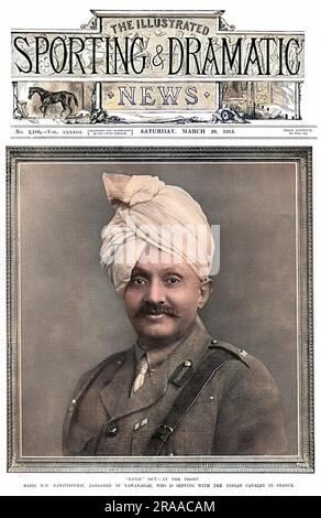 Ranjitsinhji Vibhaji (1872 - 1933), prince indien et cricketer de test qui a joué pour l'équipe de cricket anglais du Sussex. Photographié sur la couverture de The Illustrated Sporting & Dramatic News dans l'uniforme de la cavalerie indienne avec laquelle il servait en France pendant la première Guerre mondiale. Le magazine utilise un jeu sur des termes de cricket avec leur légende de 'Ranji' out! - À l'avant. Date: 1915 Banque D'Images