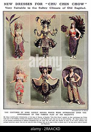 Une sélection de mannequins montrant les derniers costumes du spectacle, 'Chu Chin Chow', qui a ouvert ses portes au théâtre de sa Majesté en 1916 et a couru pendant cinq ans et plus de 2 300 représentations. Le spectacle a été l'un des grands succès théâtraux de la première Guerre mondiale et a été particulièrement populaire auprès des soldats en congé en raison des filles d'esclaves vêtues de peu. Date: 1917 Banque D'Images