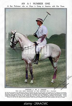 Capitaine Leslie St. Clair Cheape (1882-1916), soldat britannique et joueur de polo surnommé « le plus grand joueur de polo d'Angleterre ». Il joue pour l'Angleterre à la Westchester Cup trois fois en 1911, 1913 et 1914. Il a été tué le 23 avril 1916 alors qu'il commandait un escadron du Yeomanry du Worcestershire en Égypte. Photographié dans le Tatler en 1914, et décrit comme « un artiste vedette qui, nous l'espérons, va à l'américaine avec notre équipe ». Cheape est parti et a joué un rôle essentiel pour aider l'Angleterre à remporter leur victoire historique sur leurs rivaux américains dans le Trophée international de polo (coupe Westchester), bien qu'elle soit empêchée par le bro Banque D'Images