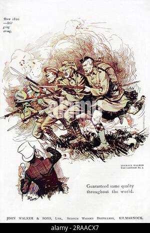 Johnnie Walker, dessin animé de guerre no 7, montrant des troupes de l'Inde, du Canada, de l'Australie, de la Nouvelle-Zélande et de l'Écosse, s'est engagé dans une charge féroce à baïonnette ensemble. Date: 1914 Banque D'Images