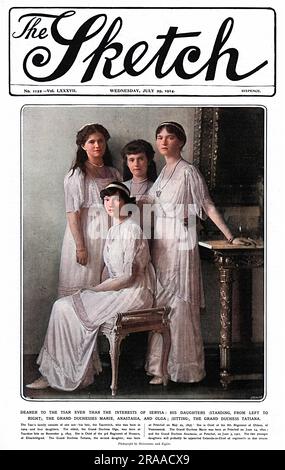 Les filles de Tsar Nicholas II: (debout de gauche à droite), les grandes Duchesses Marie, Anastasia, et Olga; (assis), la Grande Duchesse Tatiana. Date: 1914 Banque D'Images