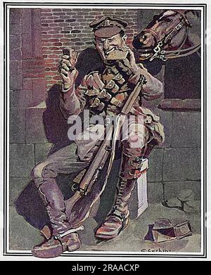 Dessin humoristique d'un soldat en service, Sapper E. G. Eschini, montrant un soldat britannique qui ronge les biscuits et le bœuf durs et désagréables, des rations typiques pendant la première Guerre mondiale. Date: 1917 Banque D'Images