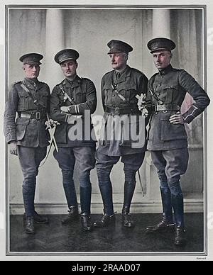 Un contingent canadien, un parti patriotique familial pour le front - le capitaine O. A. Critcheley, un canadien avec un grand ranch en Alberta photographié avec ses trois fils, qui avaient tous patriotiquement venu en Grande-Bretagne pour servir pendant la première Guerre mondiale. De gauche à droite se trouvent M. W. R. Critchley, qui exécutait un détachement de mitrailleuses dans un bataillon d'infanterie, le capitaine A. C. Critchley, le capitaine O. A. Critchley et M. J. A. Critchley, tous du cheval de Strathcna. Le capitaine A. C Critchley et M. J. A. Critchley étaient dans les réguliers canadiens et ont joué dans leur équipe de polo régimentaire. Capitaine Alfred Cecil Critchley wen Banque D'Images