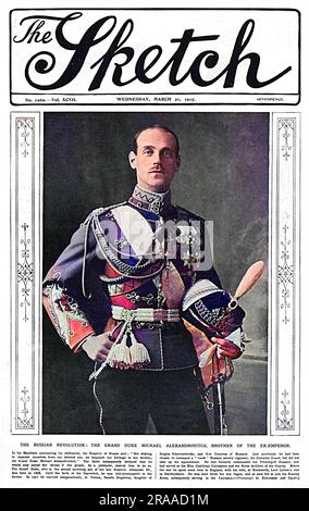 Grand duc Michael Alexandrovitch (1878-1918) frère du tsar Nicolas II Photo sur la couverture de l'esquisse à l'époque où le Tsar s'était abdiqué en faveur de son frère. Le grand-duc Michael a dit qu'il accepterait le trône seulement si le peuple, par plébiscite, le voulait. Il a été emprisonné et finalement tué le 13 juin 1918. Date: 1917 Banque D'Images