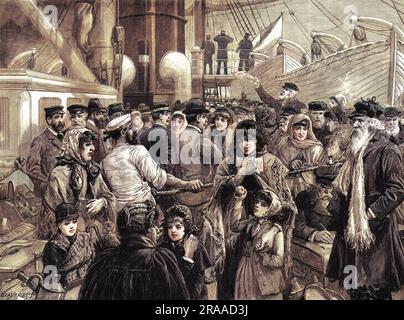 Emigration des Juifs russes - le médecin examinant les passagers de la vapeur avant leur départ de Liverpool. Une scène à bord du Guion Liner 'Wisconsin', dans le Mersey. Date: 1891 Banque D'Images