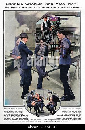 Charlie Chaplin interviewé dans son studio par, à droite, le major Ian Hay Beith (Ian Hay, auteur des cent premiers mille, un récit humoristique des premières semaines de la guerre avec les forces expéditionnaires britanniques) et, à gauche, M. Harold J. Lasky, Bien connu dans le monde du film en Amérique. La photo en incrustation montre Chaplin avec Lord Dunmore, V.C. et M. Arthur Letts. Date: 1918 Banque D'Images