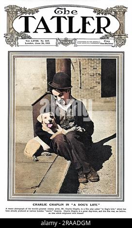 La couverture du Tatler présente « le plus grand artiste du cinéma au monde », Charlie Chaplin apparaissant dans une scène de son dernier film, A Dog's Life. Date: 1918 Banque D'Images