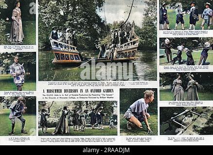 Une diversion en milieu d'été dans un jardin d'Oxford : la société de théâtre de l'université d'Oxford a produit le Tempest de Shakespeare dans le domaine de Worcester College, 1949. La pièce, produite et dirigée par M. Nevill Coghill (doyen de l'Exeter College), a présenté une utilisation ingénieuse du lac de l'université, et a été favorisée avec un temps brillant. Date: 1949 Banque D'Images