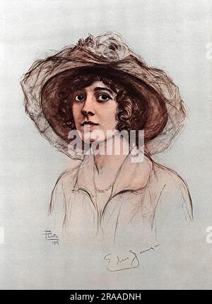 Elsie Janis (16 mars 1889 – 26 février 1956), chanteuse américaine, auteure-compositrice, actrice, et scénariste. Divertir les troupes pendant la première Guerre mondiale l'a immortalisée comme « l'aimée de l'AEF » (American Expeditionary Force). Photographié dans The Sketch à l'époque où elle quittait Londres et son rôle populaire dans une revue au Palace Theatre, « The Passing Show », pour retourner en Amérique. Elle y retournerait périodiquement tout au long de la guerre et demeurait l'une des actrices préférées et les mieux payées de Londres. Date: 1914 Banque D'Images