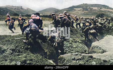 Une charge par une section de la Division navale royale dans la péninsule de Gallipoli en 1915. La légende souligne l'officier à l'extrême gauche qui dirige l'accusation en expliquant : « Pourquoi nos braves sous-garçons sont si grands. Ils ont une bonne place pour s'exposer à la direction de ces attaques et pour inspirer les courageux sous leur commandement avec leur propre esprit infailliblement". Date: 1915 Banque D'Images