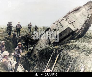 Hommes du 1st Leicester Regiment, division 6th, dans et autour d'une tranchée allemande capturée de deuxième ligne, à un mile à l'ouest de Ribecourt, dans le nord de la France, pendant la bataille de Cambrai, première Guerre mondiale. Un char du bataillon H, dont le nom de jacinthe est peint sur le côté, s'est bloqué en essayant de traverser la tranchée. Date: 20-nov-17 Banque D'Images