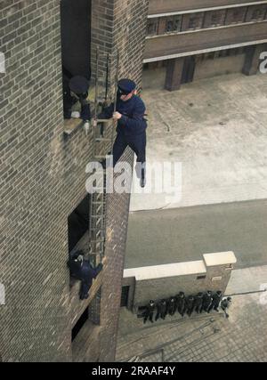 Pompier pendant la pratique de l'échelle à crochet. Banque D'Images
