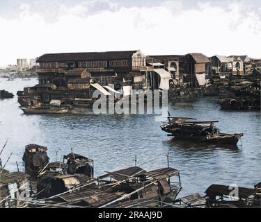 Scène de rivière avec des bateaux à Canton (Guangzhou), Chine. Date: Vers 1890 Banque D'Images