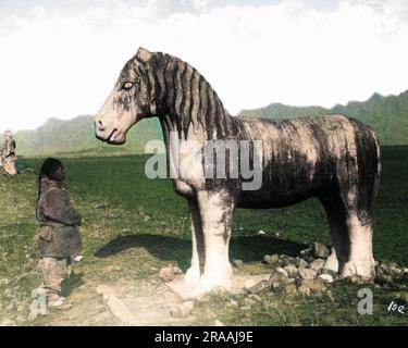 Grande statue de cheval sur la route de Ming Tombs, Nanjing, Chine. Date: Vers 1890 Banque D'Images