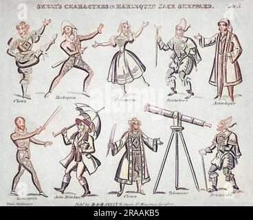 Une variété de personnages pour un pantomime de théâtre de jouet de marionnettes d'Harlequin Jack Sheppard présentant certains des personnages de pantomime classiques adaptés de la commedia dell'arte - Clown, Harlequin, Columbine et Pantaloon, avec un astrologue, Sam Drinkwell et un télescope! Date : c. 1830s Banque D'Images