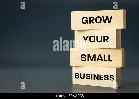 Développez votre petite entreprise, écrit sur des panneaux en bois, concept d'entreprise, soutien aux petites entreprises, espace de copie, arrière-plan en graphite Banque D'Images