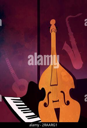 Affiche, carte ou flyer festival de concert événement musical de jazz ou de blues en direct. Bande de couverture ou bannière avec guitare classique et saxophone à double contrebasse Illustration de Vecteur