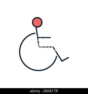 Icône de ligne vectorielle associée désactivée. Personne handicapée en fauteuil roulant icône linéaire. Service pour les personnes handicapées. Handicap. Isolé sur fond blanc Illustration de Vecteur