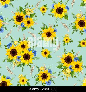 Vector Seamless modèle avec tournesols jaunes, bleuets bleus et épis de blé sur un fond vert turquoise Illustration de Vecteur