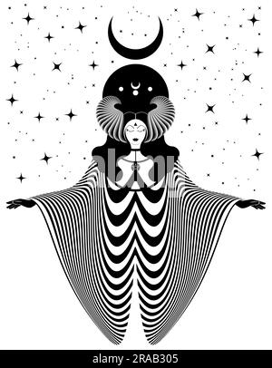 La déesse celtique magique, la prêtresse. Belle femme de fée avec cornes et robe longue. Gothic Witch wiccan femme conception sacrée, magie de lune noire. Vecteur Illustration de Vecteur