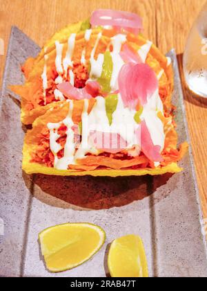 tacos de maïs farcis au poulet épicé et aux légumes avec sauce guacamole. Image verticale Banque D'Images