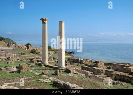 Site archéologique de Tharros et colonnes doriques de Tempio Tetrastilo avec vue sur la mer méditerranée, , Péninsule de Sinis, Carbras, Sardaigne, Italie Banque D'Images