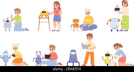 Les enfants et les robots, les enfants heureux robot de modélisation et de projection de jouets mécaniques. Petite fille garçon de création et de programmation sur la leçon, ensemble de vecteur snlaid Illustration de Vecteur