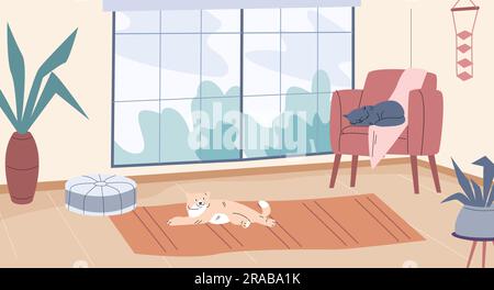 Chats se détendant dans la chambre. Salle de séjour intérieur, espace détente avec mobilier et chatons. Décoration d'intérieur, scène vectorielle d'appartement Illustration de Vecteur