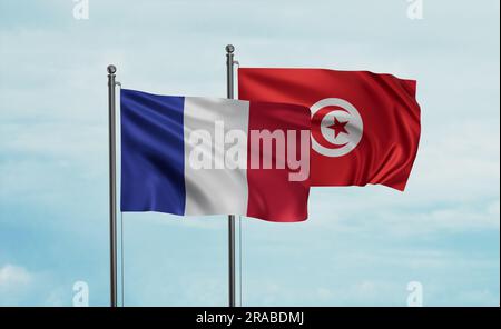 Le drapeau de la Tunisie et de la France agitant ensemble dans le vent sur le ciel bleu, concept de coopération de deux pays Banque D'Images