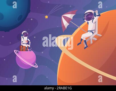 Voyageurs de l'espace. Astronaute marchant et se relaxant sur différentes surfaces de lune. Modèle de dessin animé vectoriel Illustration de Vecteur