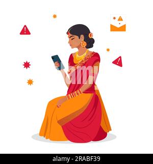 Une femme indienne regarde son téléphone. Elle a beaucoup de messages indésirables sur son téléphone cellulaire. Illustration vectorielle de style conception plate. Illustration de Vecteur