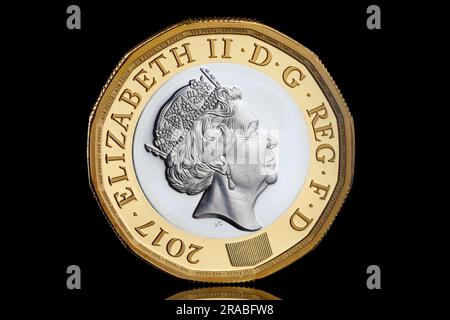 Une pièce de monnaie d'une livre à 12 faces qui a remplacé la livre ronde de l'ancien style en 2017. L'inverse présente le portrait 5th et final de la reine Elizabeth II Banque D'Images