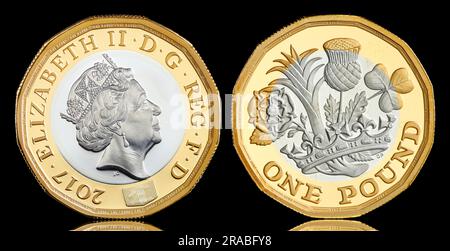 La nouvelle pièce de 12 livres en forme de face qui a remplacé l'ancienne livre ronde en 2017.l'inverse montre le portrait de pièce final de la reine Elizabeth II Banque D'Images
