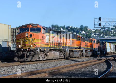 Seattle - 02 juillet 2023; le train mixte de marchandises BNSF passe vers le sud et traverse l'interbay Seattle Banque D'Images