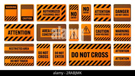 Divers panneaux d'avertissement noirs et orange avec lignes diagonales. Panneau attention, danger ou attention, signalisation du chantier. Panneau de signalisation réaliste Illustration de Vecteur