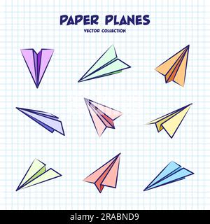 Plans dessinés à la main sur une feuille de papier à carreaux. Carnet scolaire pour le dessin. Avion Doodle. Icône de l'avion, silhouettes d'avion simples et colorées. Contour Illustration de Vecteur