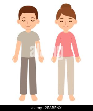 Mignon homme de dessin animé et femme à Shavasana, méditation menante. Posture de relaxation du corps entier. Illustration de clip art vectoriel simple. Illustration de Vecteur