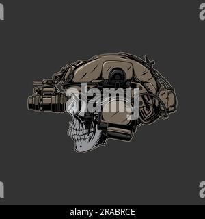 crâne soldat et nvg sur casque dans le fond gris foncé Illustration de Vecteur