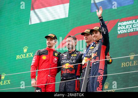 CÉLÉBRATION DU PODIUM Charles Leclerc (mon) Ferrari F1-23 Max Verstappen (NED) Redbull Racing RB19 Sergio Perez (MEX) Redbull Racing RB19 pendant le Banque D'Images