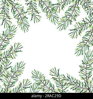 Cadre carré de conifères fait de branches de conifères sur fond blanc. Couronne de Noël à l'aquarelle dessinée à la main. Illustration de la conception de l'emballage, Banque D'Images